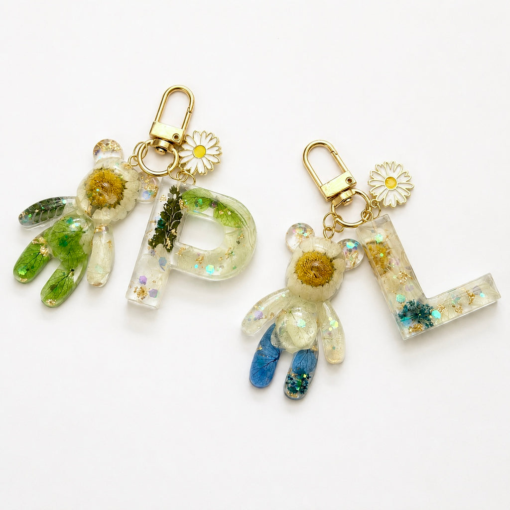 Just for You: Handmade Initial with Teddy Bear Resin Keychain