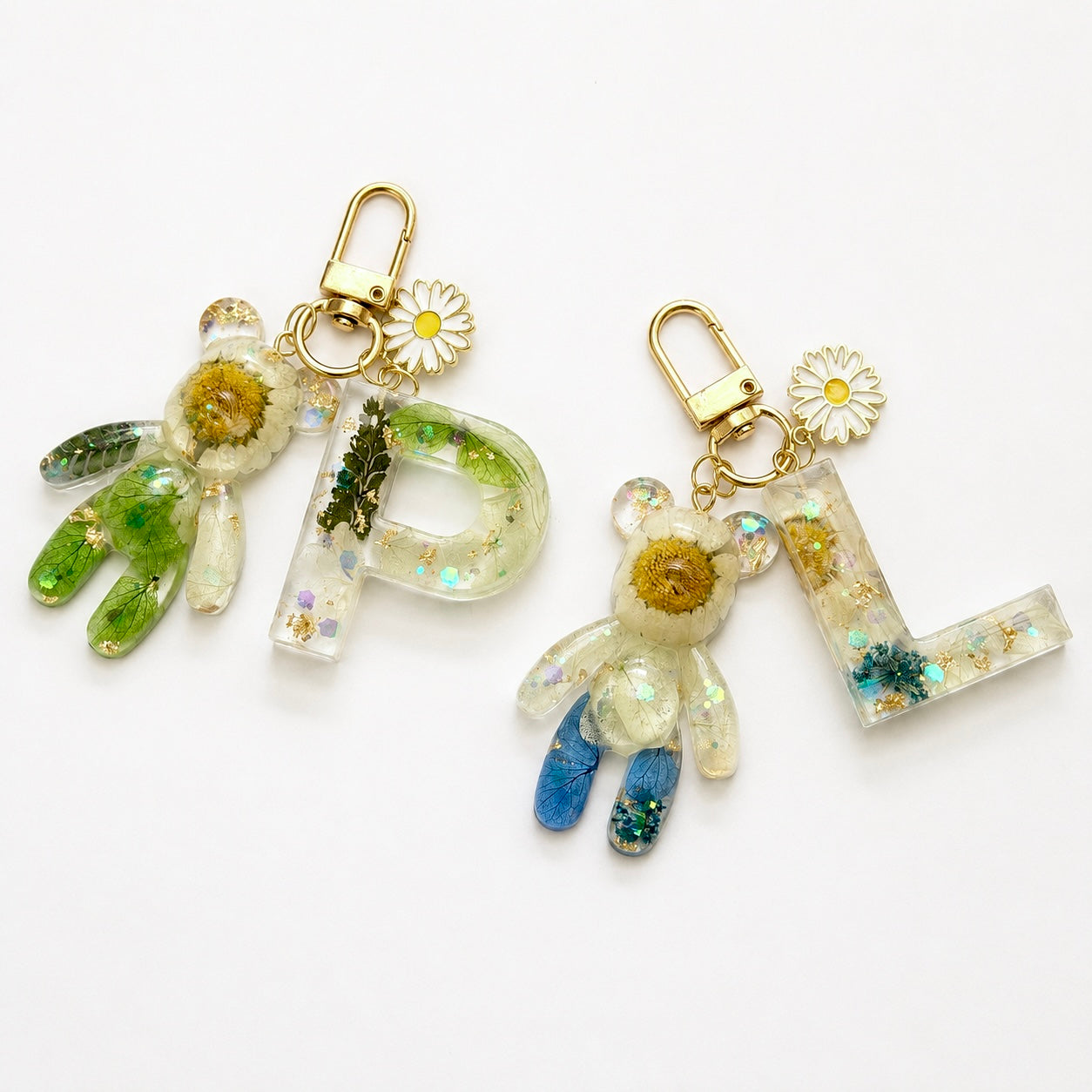 Just for You: Handmade Initial with Teddy Bear Resin Keychain