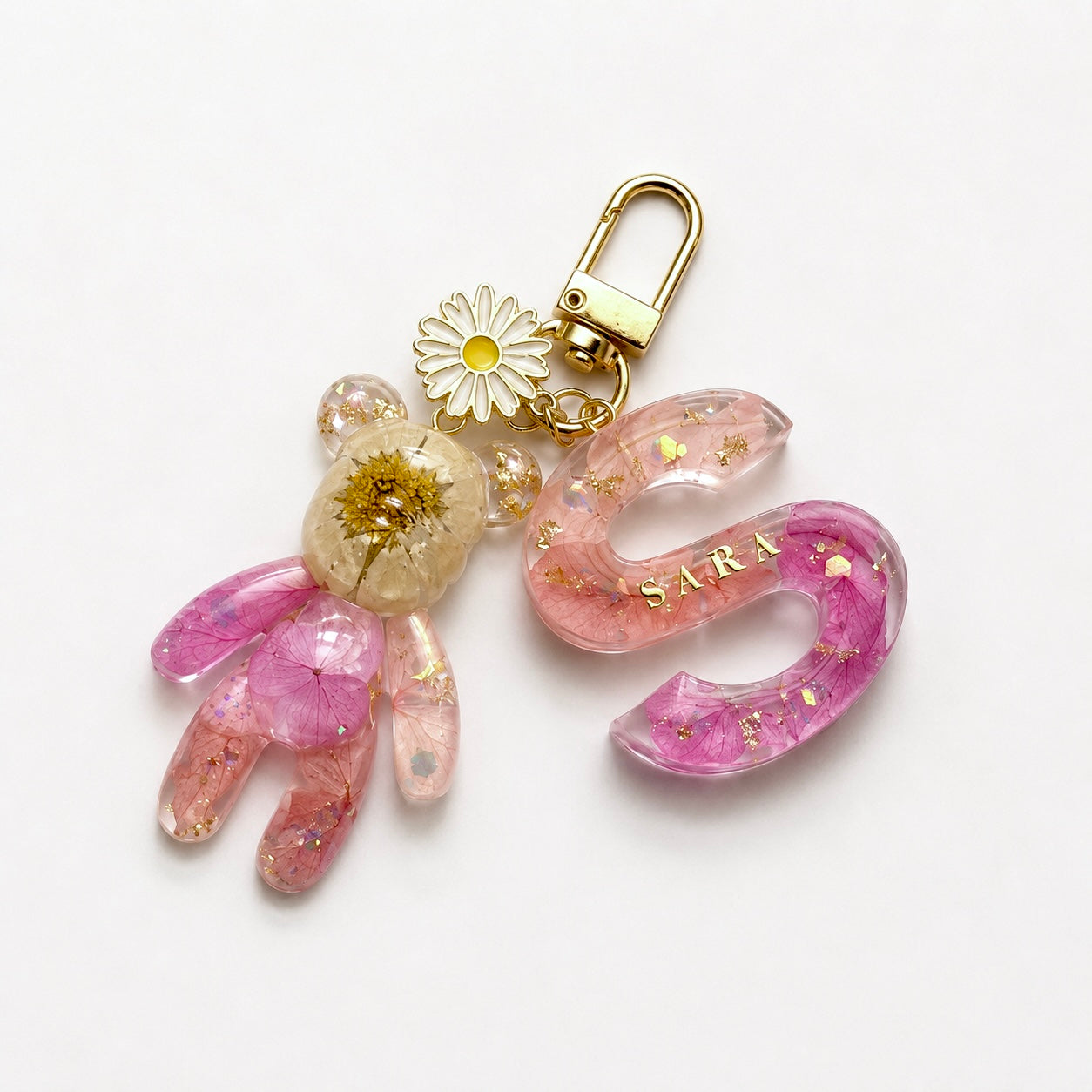 Just for You: Handmade Initial with Teddy Bear Resin Keychain