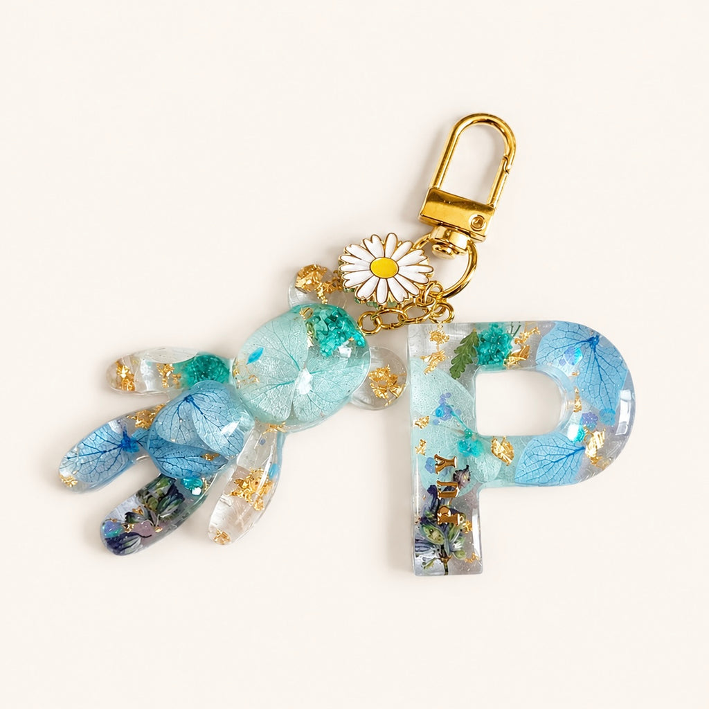 Just for You: Handmade Initial with Teddy Bear Resin Keychain
