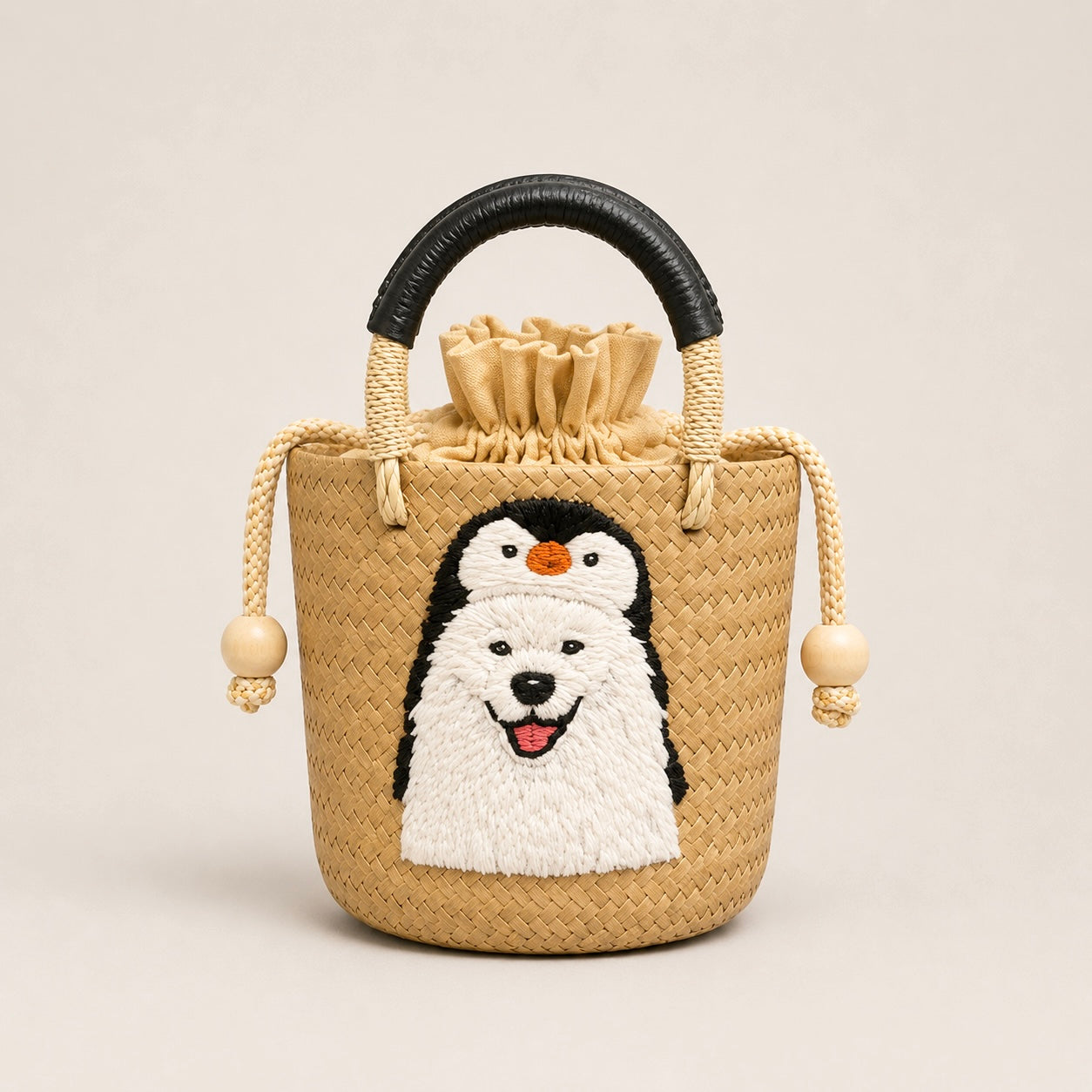 The Whisker & Wag Weave: Hand-Embroidered Krajood Handbag (Bucket)