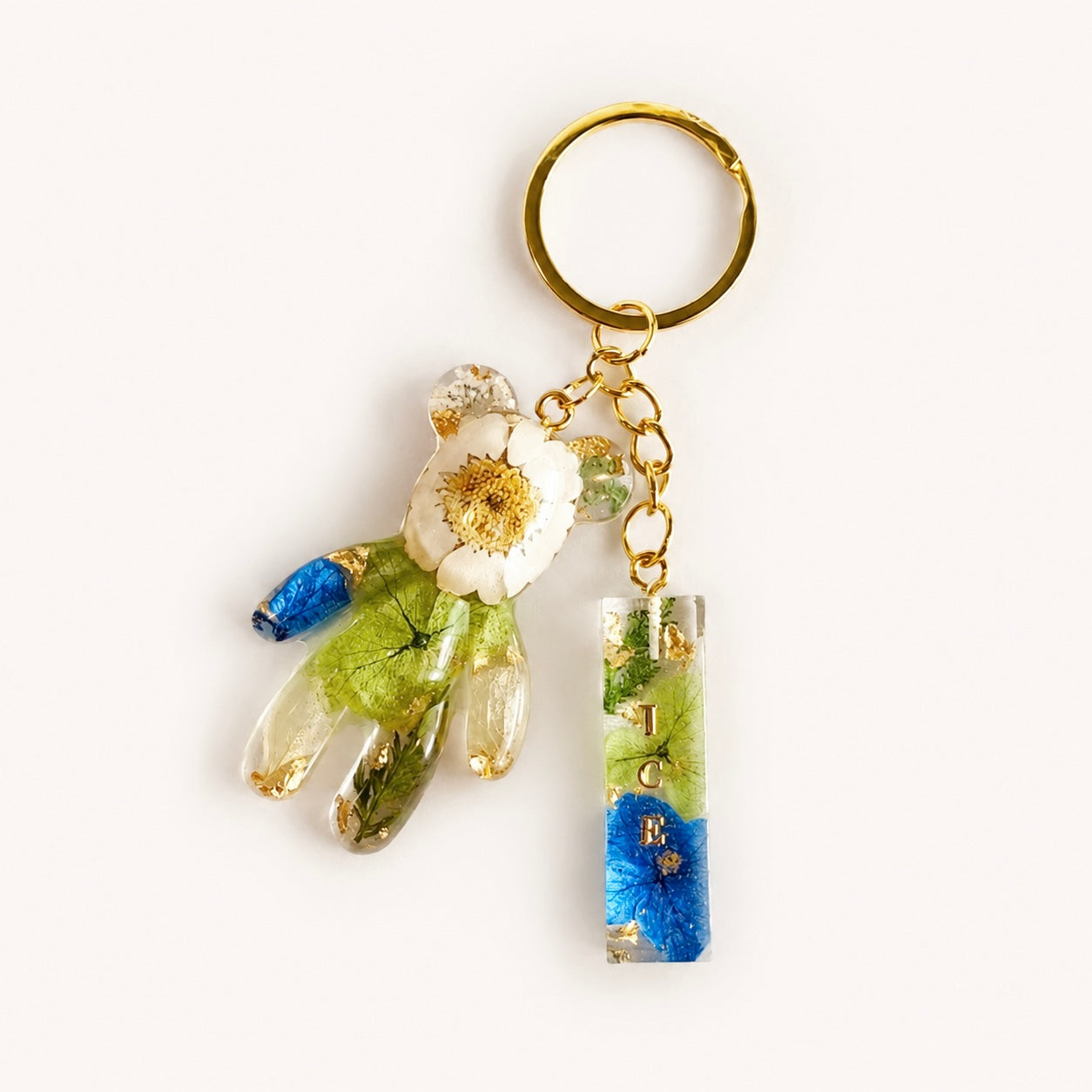 Just for You: Handmade Initial with Teddy Bear Resin Keychain