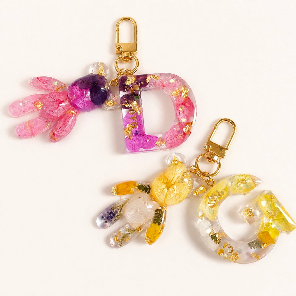 Just for You: Handmade Initial with Teddy Bear Resin Keychain