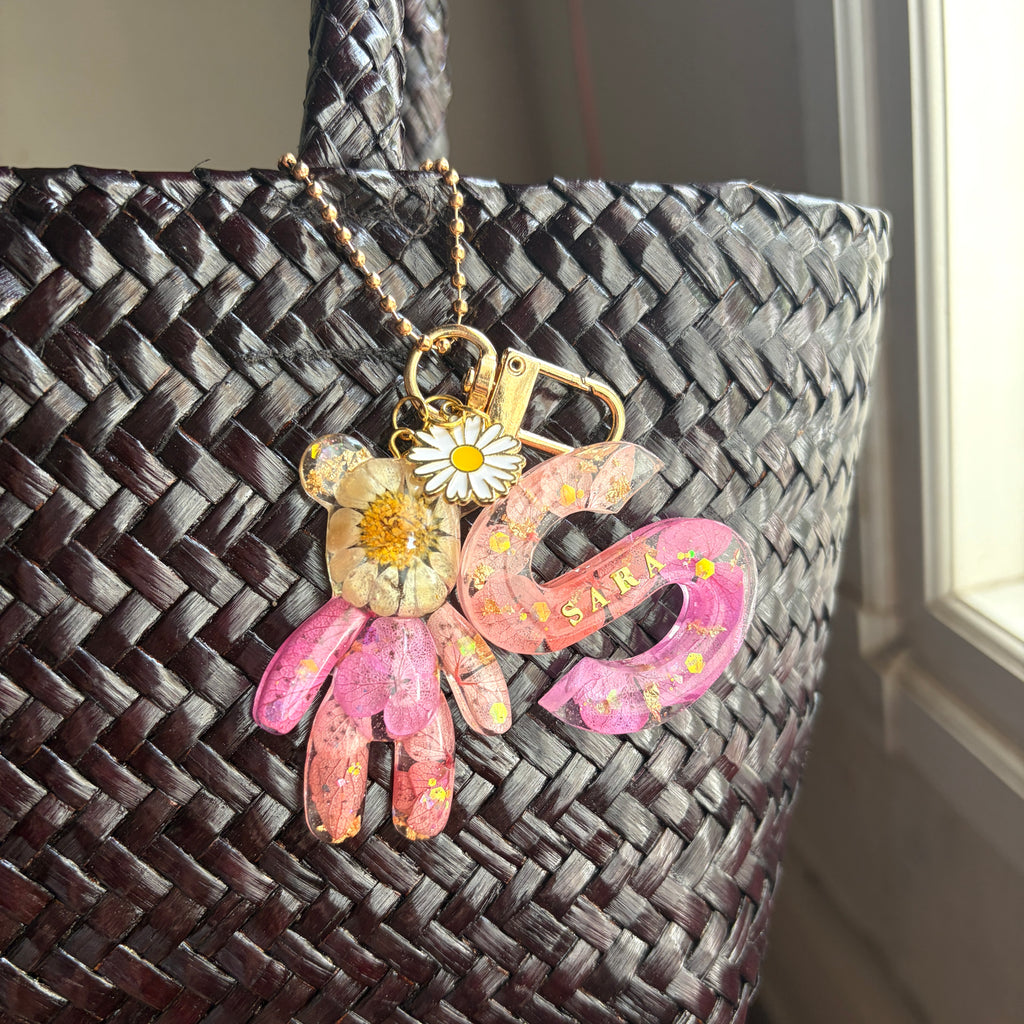 Just for You: Handmade Initial with Teddy Bear Resin Keychain